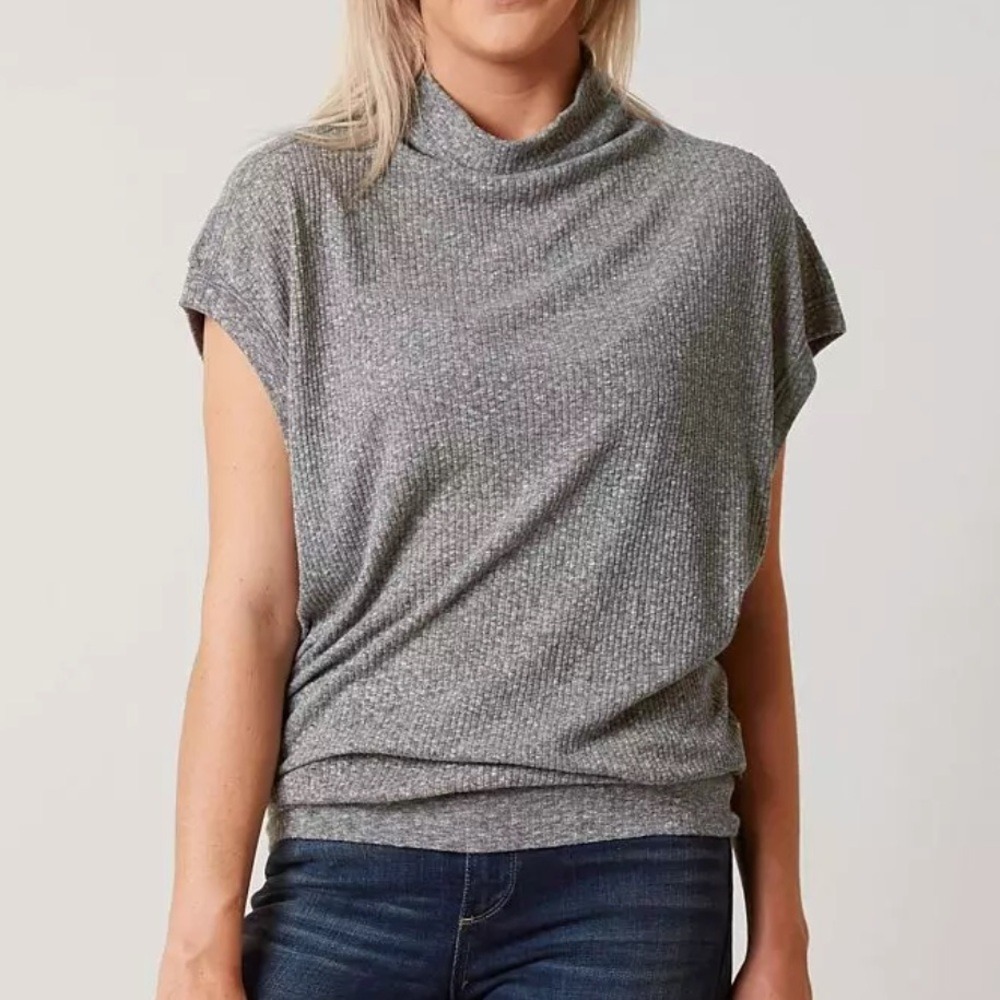 FREE PEOPLE WE THE FREE Large Grey Ribbed High Neck Slouchy Top Exposed Seams